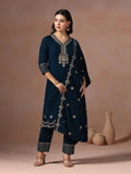 Winter Women Velvet Teal Embroidered Kurta Comfort Pant Dupatta.