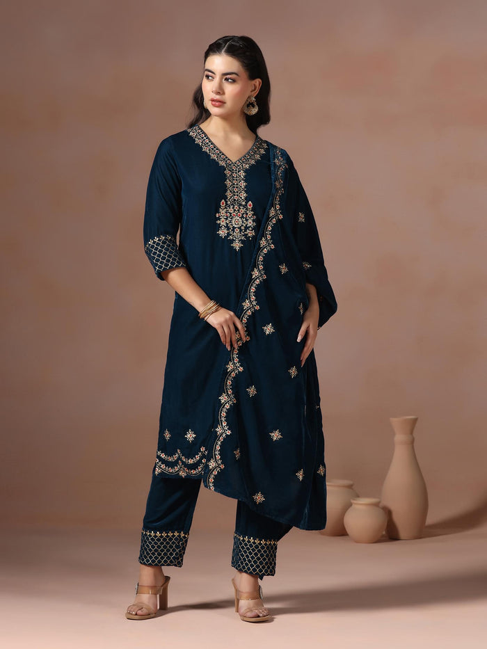 Winter Women Velvet Teal Embroidered Kurta Comfort Pant Dupatta.