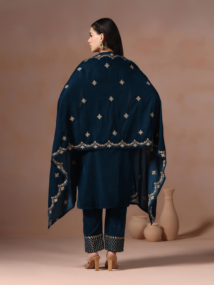 Winter Women Velvet Teal Embroidered Kurta Comfort Pant Dupatta.