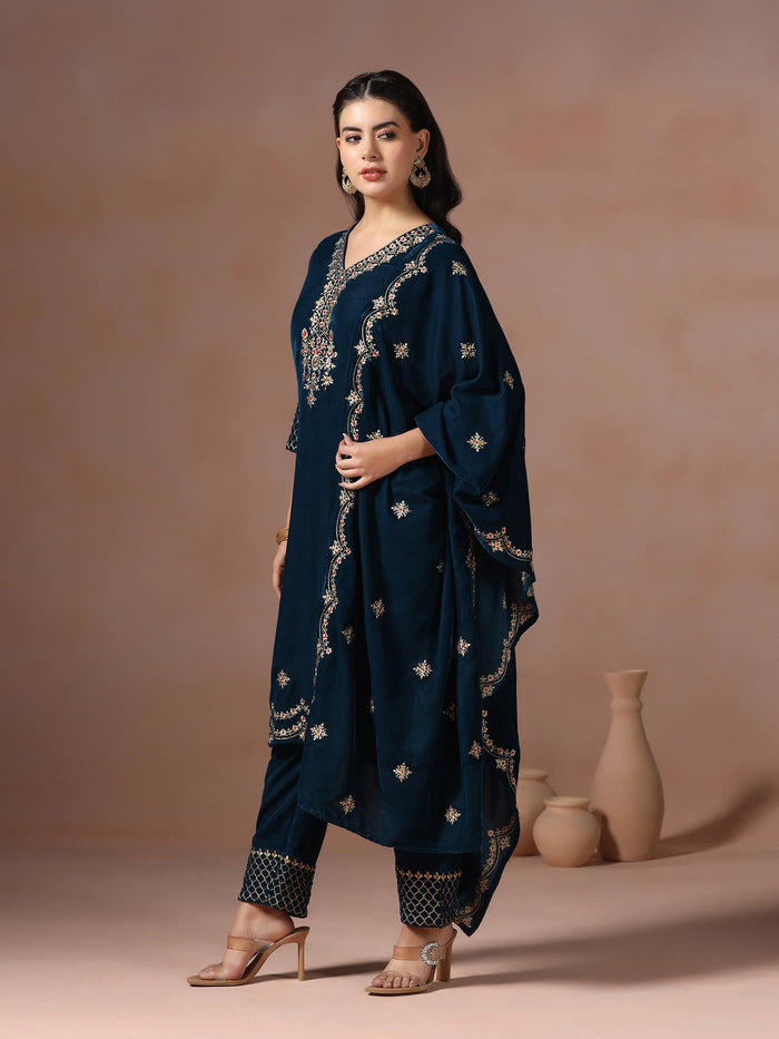 Winter Women Velvet Teal Embroidered Kurta Comfort Pant Dupatta.