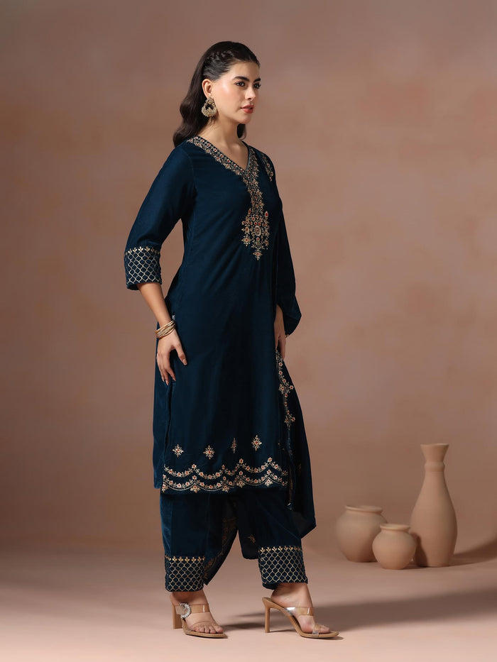 Winter Women Velvet Teal Embroidered Kurta Comfort Pant Dupatta.