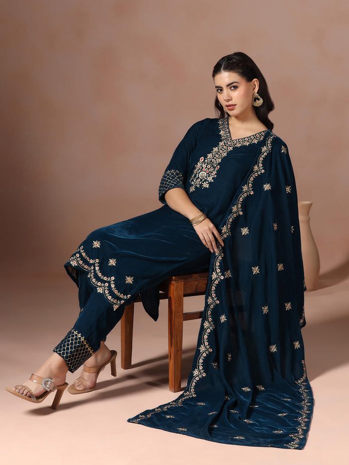 Winter Women Velvet Teal Embroidered Kurta Comfort Pant Dupatta.