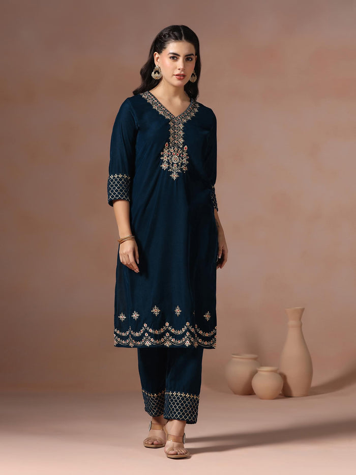 Winter Women Velvet Teal Embroidered Kurta Comfort Pant Dupatta.