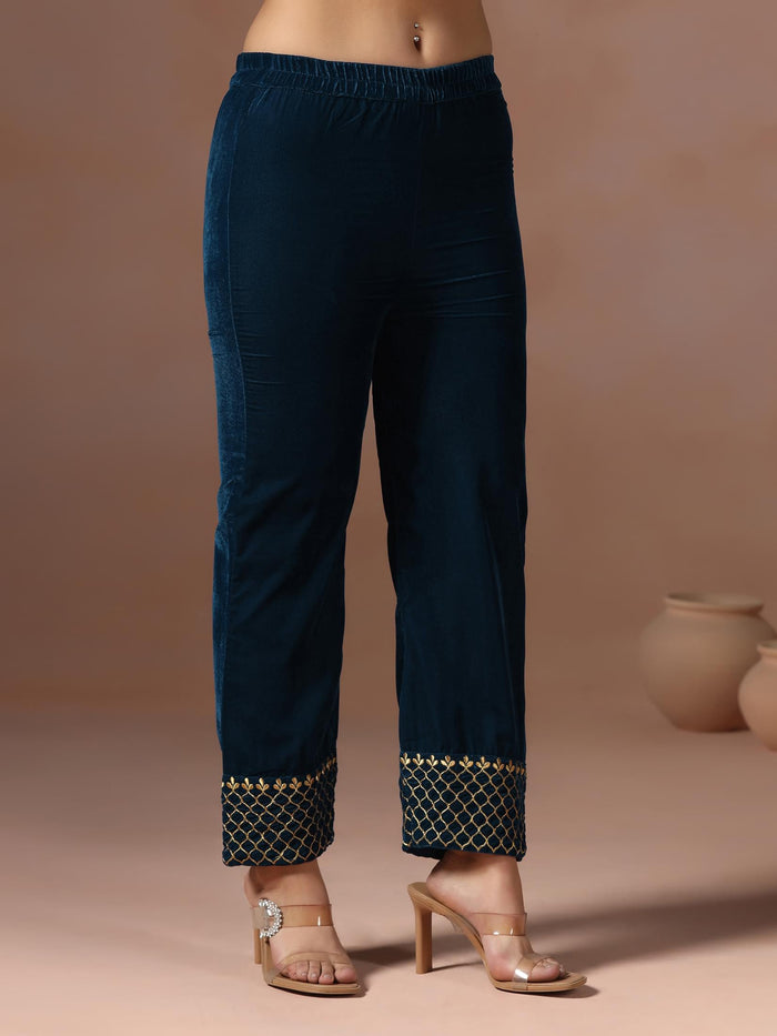Winter Women Velvet Teal Embroidered Kurta Comfort Pant Dupatta.