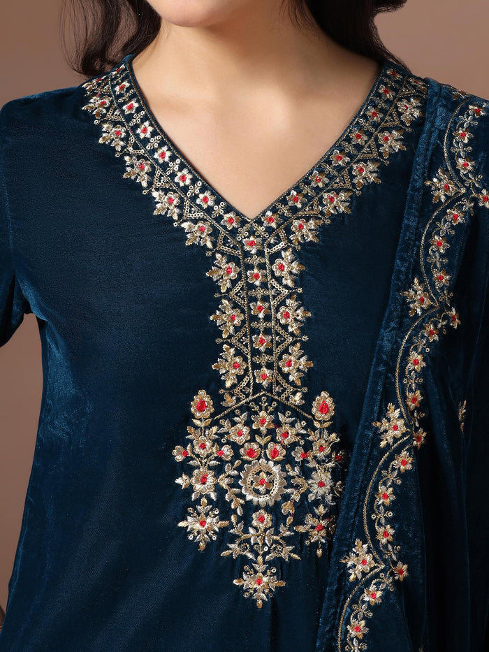 Winter Women Velvet Teal Embroidered Kurta Comfort Pant Dupatta.