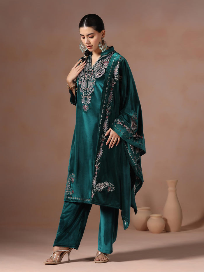 Winter Women Velvet Teal Embroidered Kurta Comfort Pant With Dupatta.