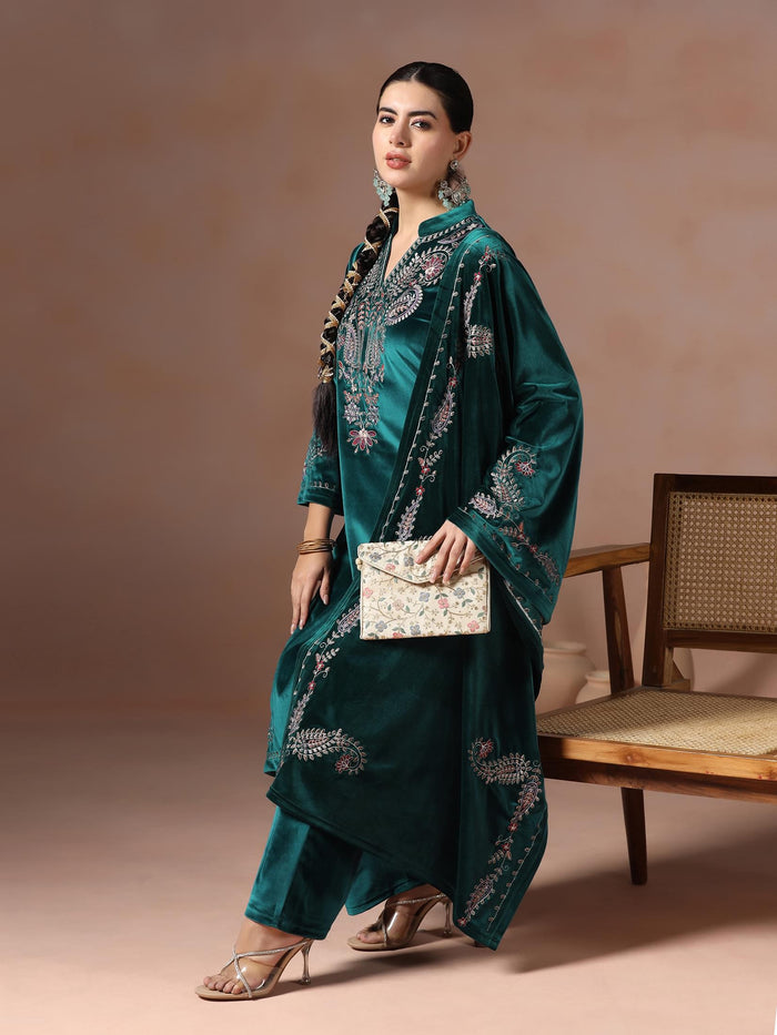 Winter Women Velvet Teal Embroidered Kurta Comfort Pant With Dupatta.