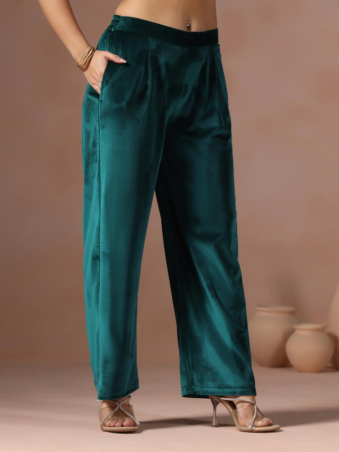 Winter Women Velvet Teal Embroidered Kurta Comfort Pant With Dupatta.