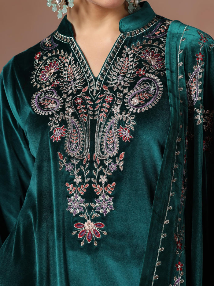 Winter Women Velvet Teal Embroidered Kurta Comfort Pant With Dupatta.