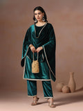 Winter Women Velvet Teal Solid Kurta Comfort Pant Dupatta.