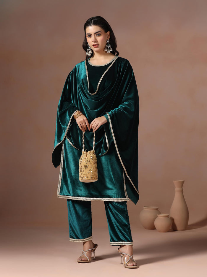 Winter Women Velvet Teal Solid Kurta Comfort Pant Dupatta.