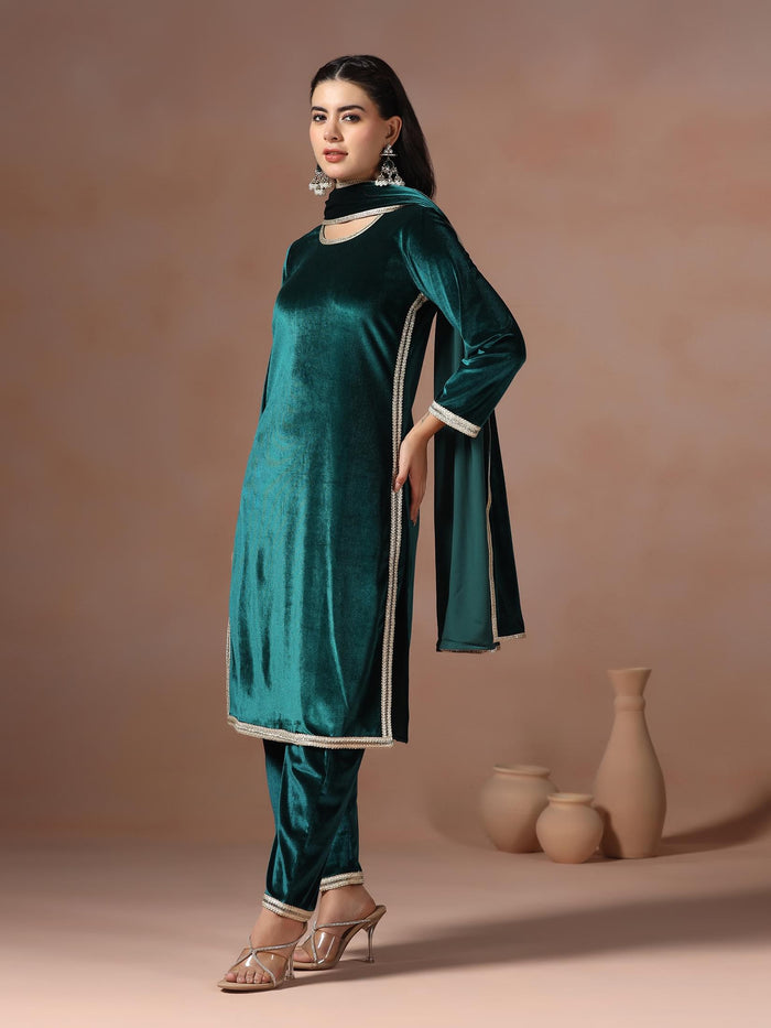 Winter Women Velvet Teal Solid Kurta Comfort Pant Dupatta.