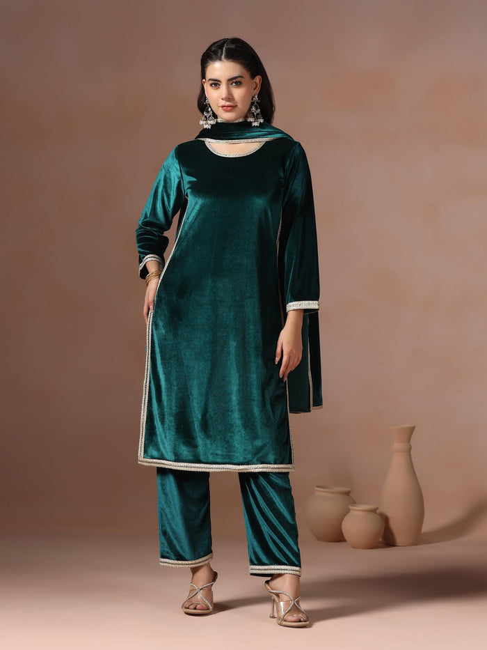 Winter Women Velvet Teal Solid Kurta Comfort Pant Dupatta.