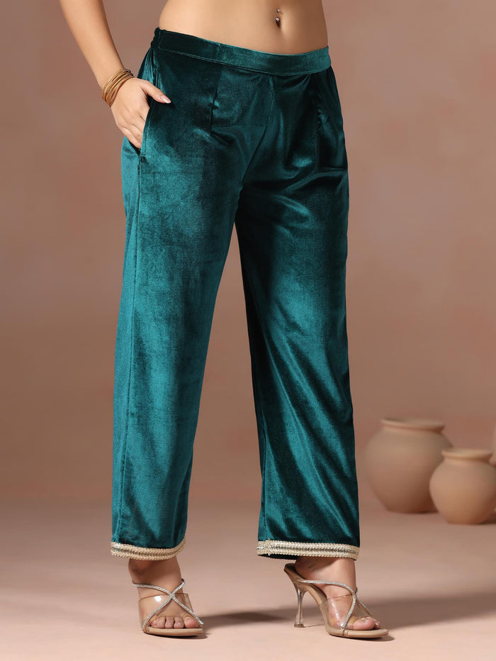 Winter Women Velvet Teal Solid Kurta Comfort Pant Dupatta.