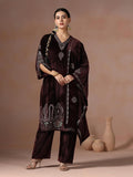 Winter Women Velvet Wine Embroidered Kurta Comfort Pant Dupatta.