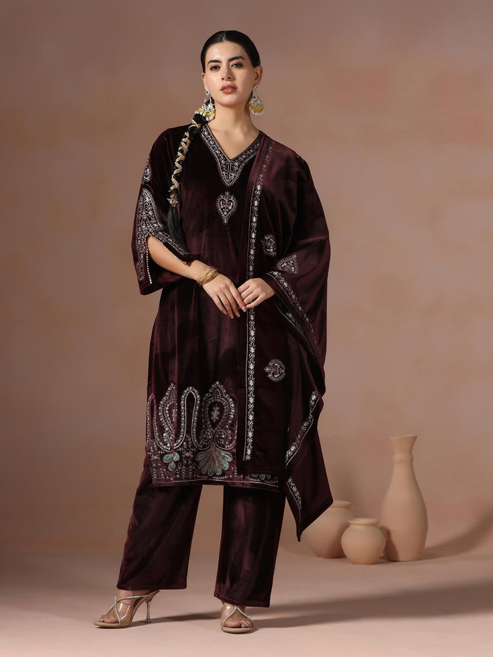 Winter Women Velvet Wine Embroidered Kurta Comfort Pant Dupatta.