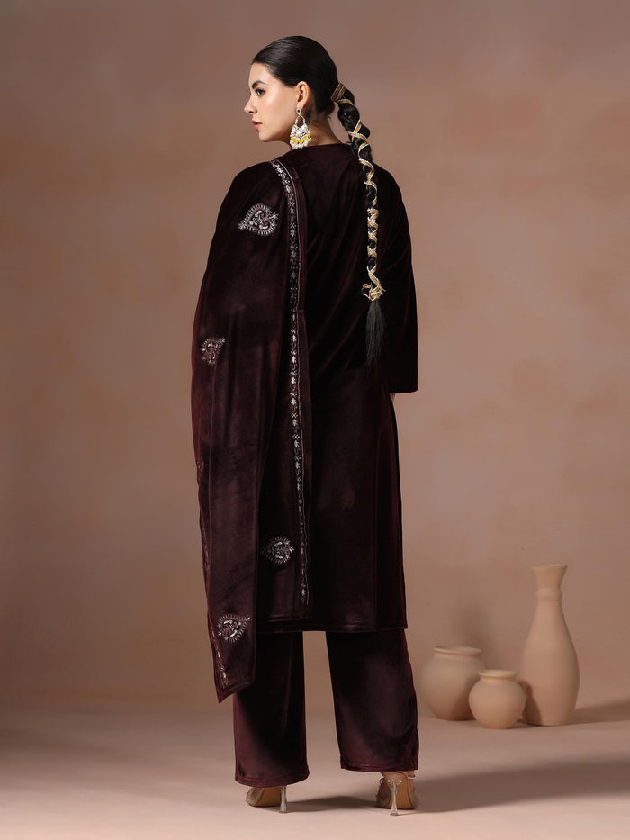 Winter Women Velvet Wine Embroidered Kurta Comfort Pant Dupatta.