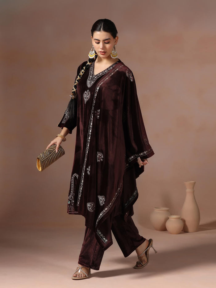 Winter Women Velvet Wine Embroidered Kurta Comfort Pant Dupatta.