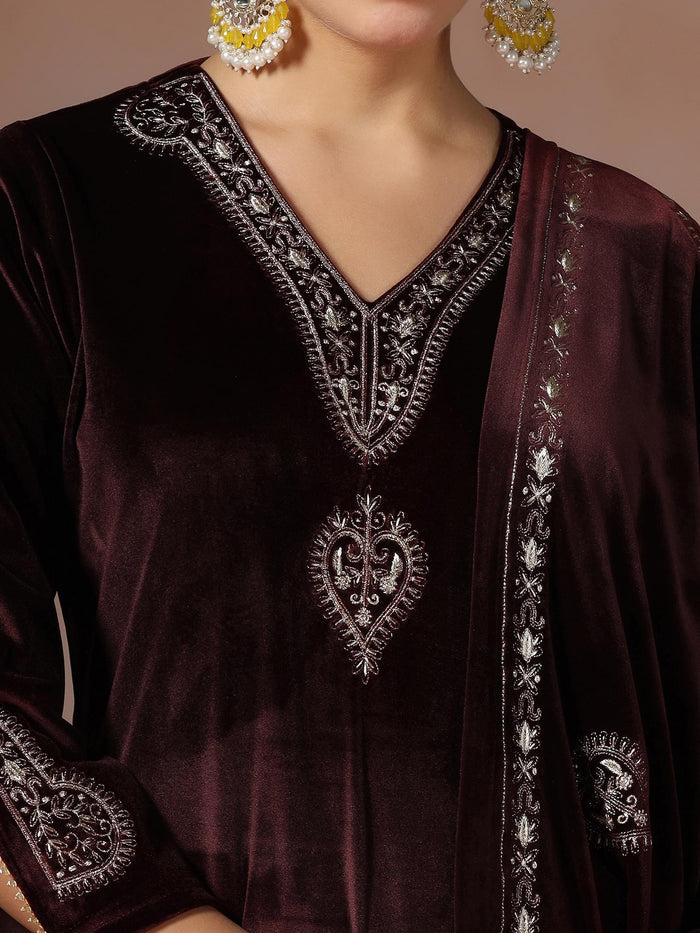Winter Women Velvet Wine Embroidered Kurta Comfort Pant Dupatta.