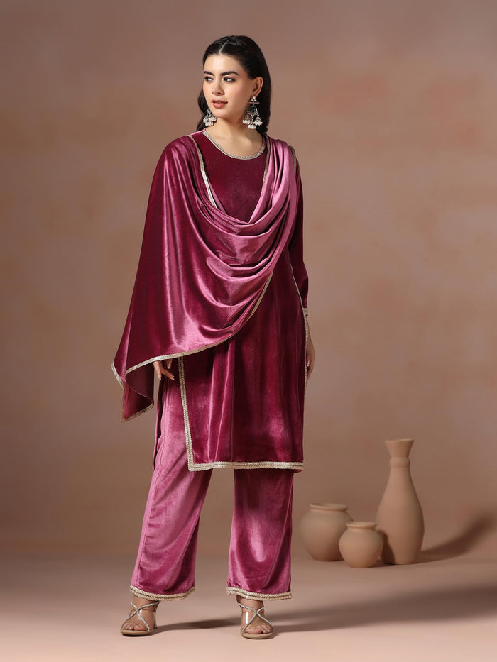 Winter Women Velvet Wine Solid Kurta Comfort Pant Dupatta.