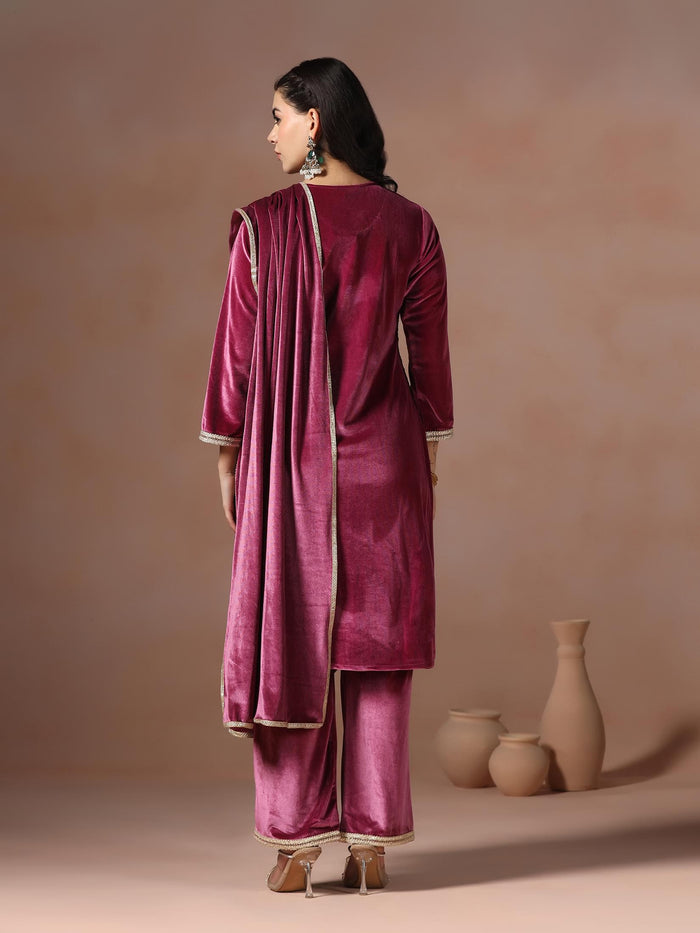 Winter Women Velvet Wine Solid Kurta Comfort Pant Dupatta.