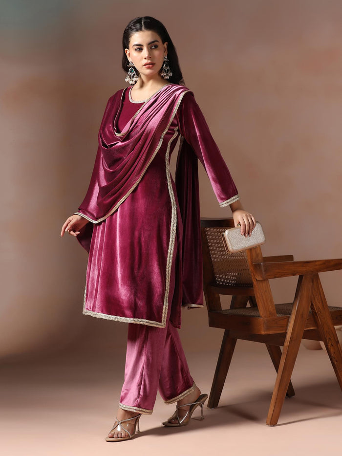 Winter Women Velvet Wine Solid Kurta Comfort Pant Dupatta.