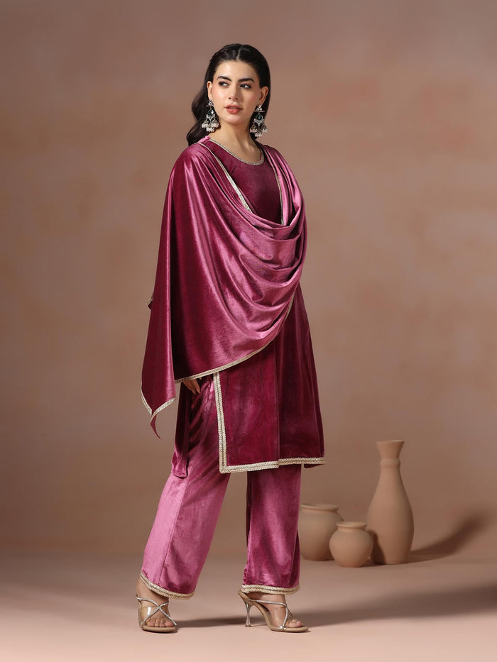 Winter Women Velvet Wine Solid Kurta Comfort Pant Dupatta.