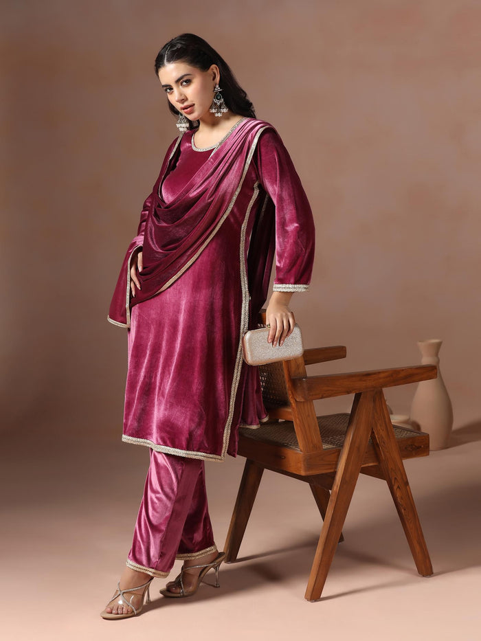 Winter Women Velvet Wine Solid Kurta Comfort Pant Dupatta.