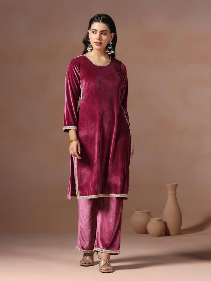 Winter Women Velvet Wine Solid Kurta Comfort Pant Dupatta.