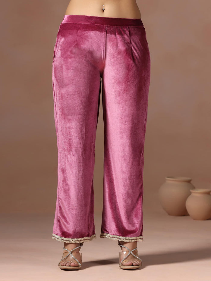 Winter Women Velvet Wine Solid Kurta Comfort Pant Dupatta.