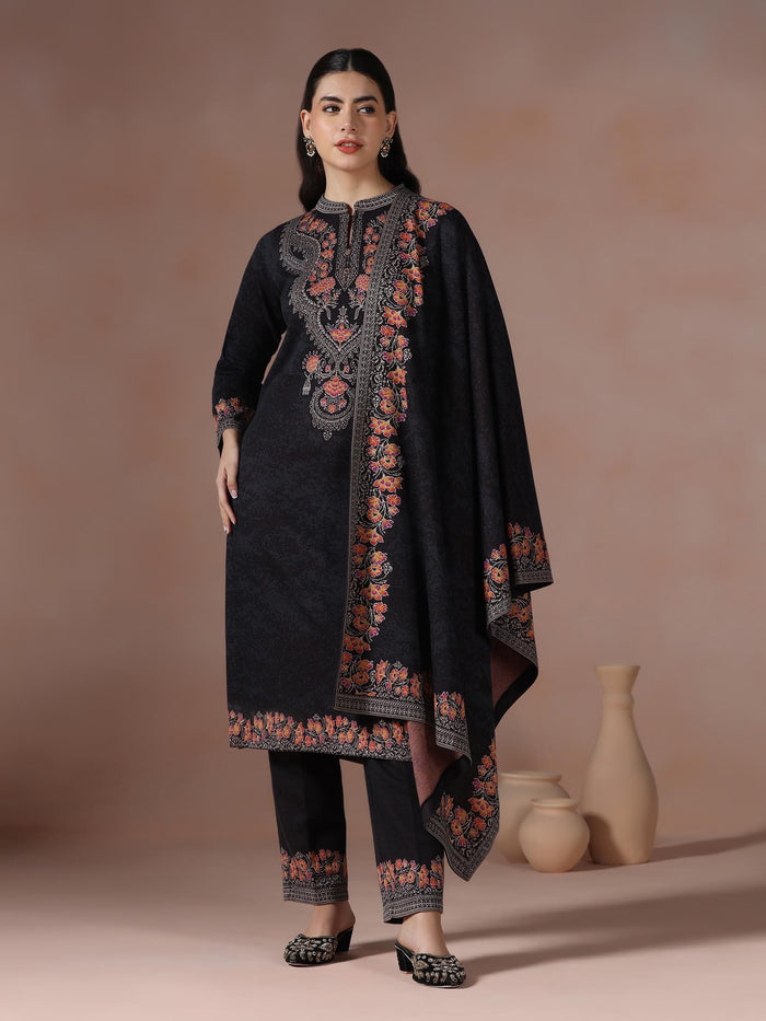 Winter Women Wool Blend Black Jacquard Kurta Comfort Pant Dupatta.