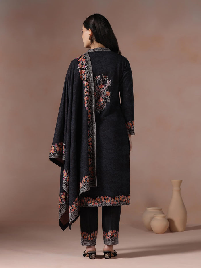 Winter Women Wool Blend Black Jacquard Kurta Comfort Pant Dupatta.