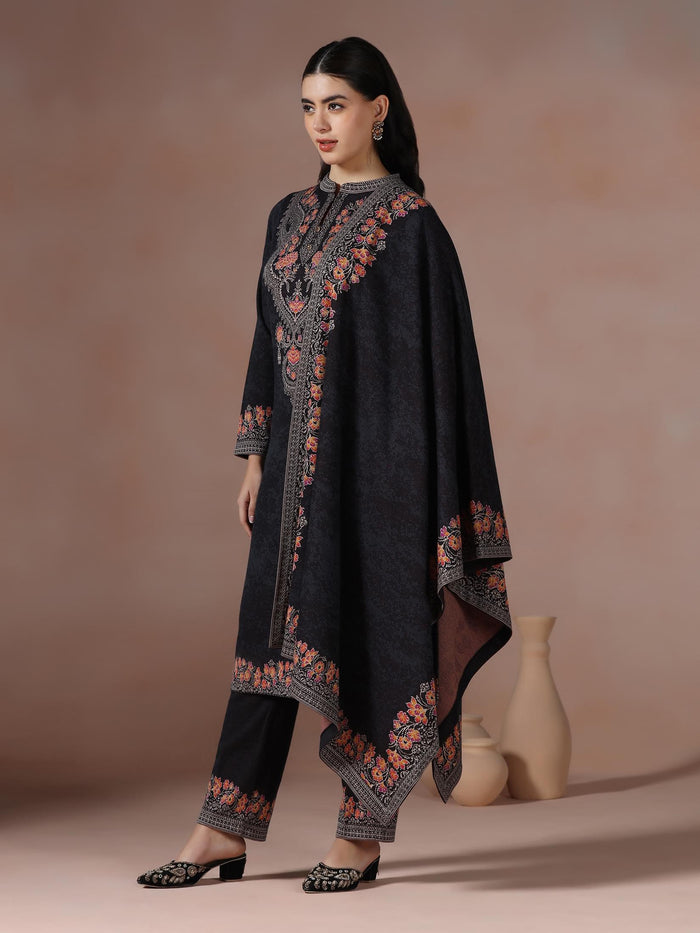 Winter Women Wool Blend Black Jacquard Kurta Comfort Pant Dupatta.