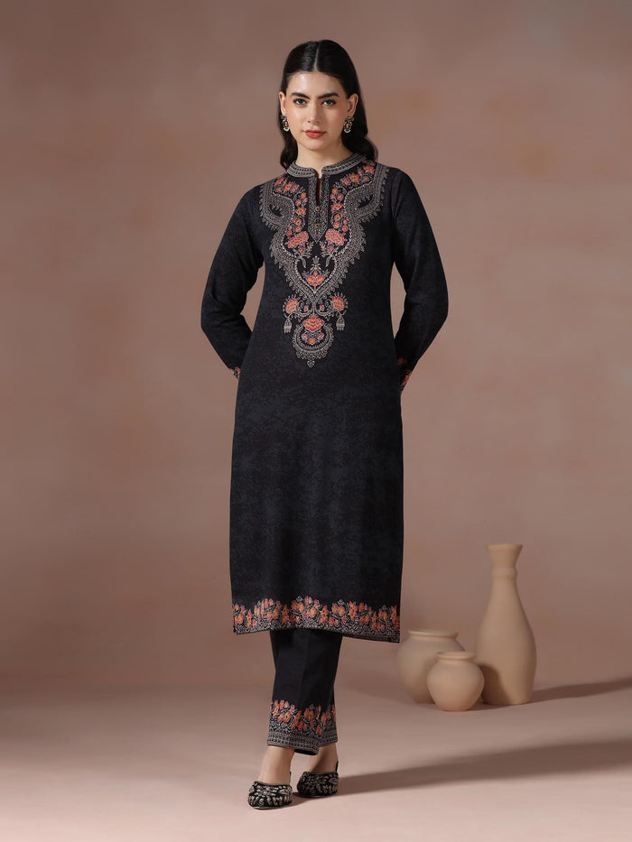 Winter Women Wool Blend Black Jacquard Kurta Comfort Pant Dupatta.