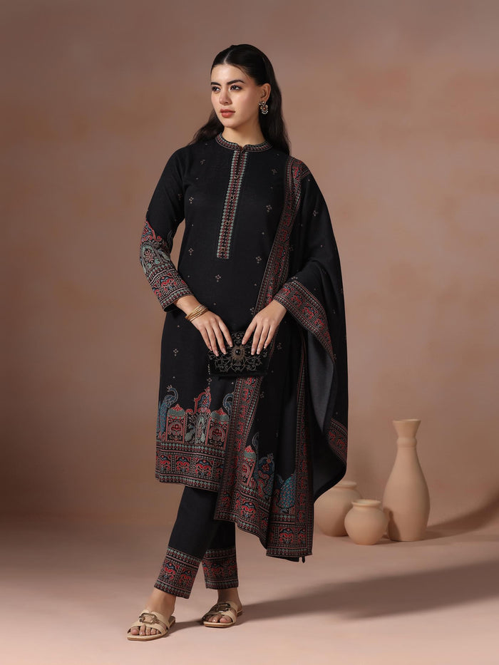 Winter Women Wool Blend Black Jacquard Kurta Comfort Pant With Dupatta.