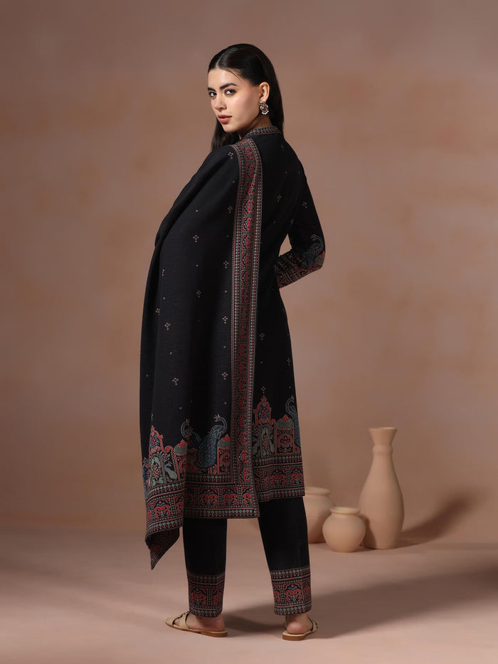 Winter Women Wool Blend Black Jacquard Kurta Comfort Pant With Dupatta.