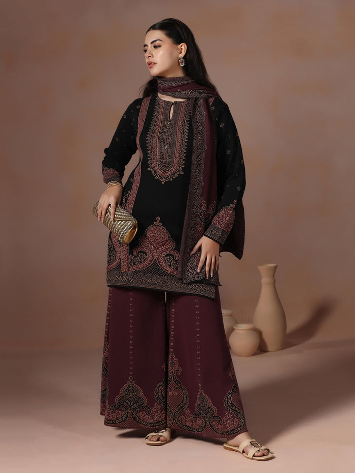 Winter Women Wool Blend Black & Maroon Jacquard Kurta Bell Bottom Dupatta.