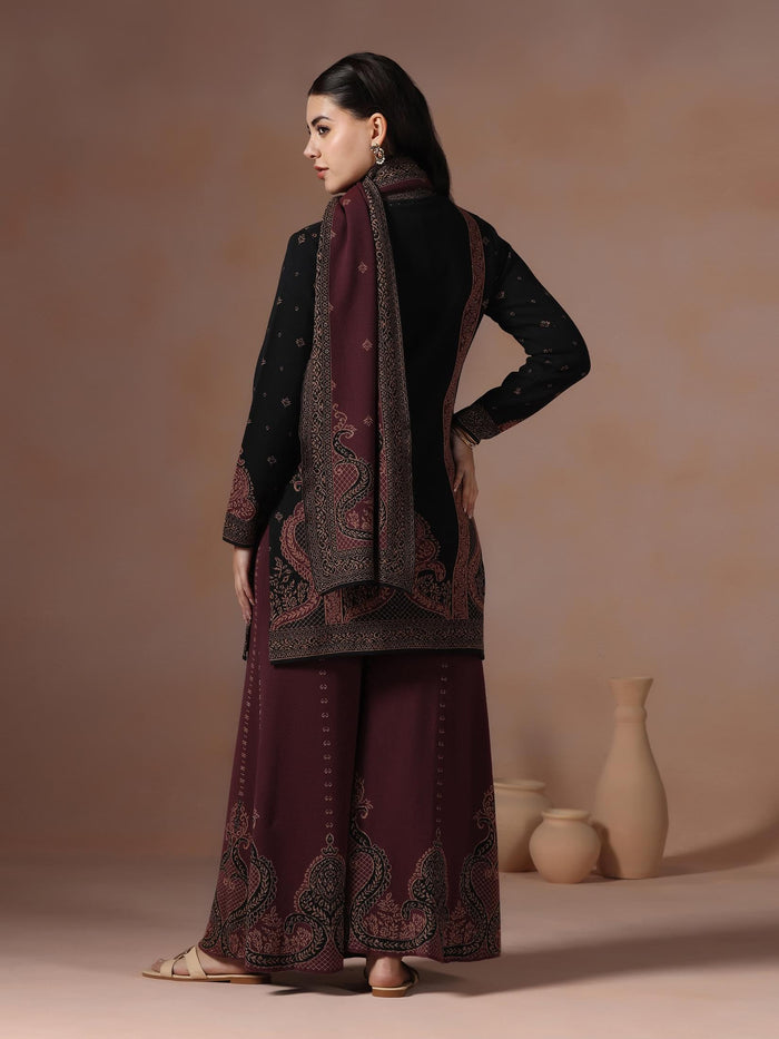 Winter Women Wool Blend Black & Maroon Jacquard Kurta Bell Bottom Dupatta.