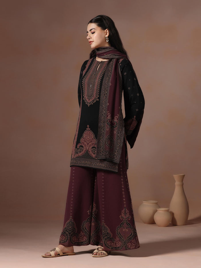 Winter Women Wool Blend Black & Maroon Jacquard Kurta Bell Bottom Dupatta.