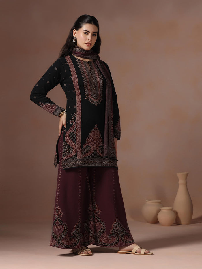 Winter Women Wool Blend Black & Maroon Jacquard Kurta Bell Bottom Dupatta.
