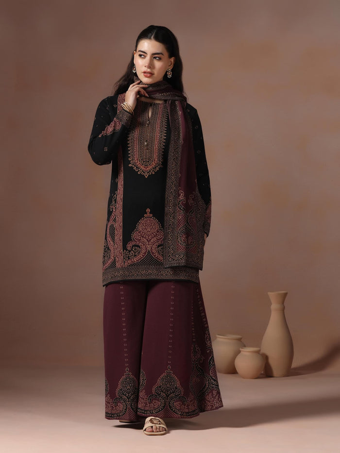 Winter Women Wool Blend Black & Maroon Jacquard Kurta Bell Bottom Dupatta.