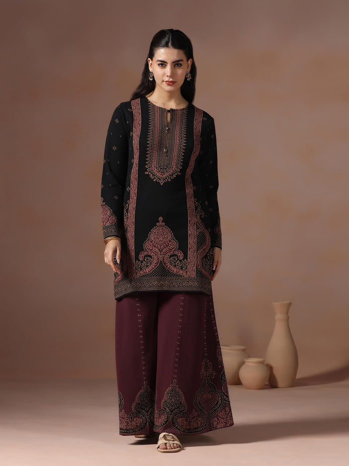 Winter Women Wool Blend Black & Maroon Jacquard Kurta Bell Bottom Dupatta.