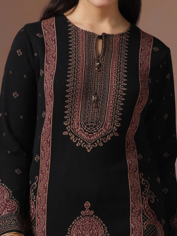 Winter Women Wool Blend Black & Maroon Jacquard Kurta Bell Bottom Dupatta.