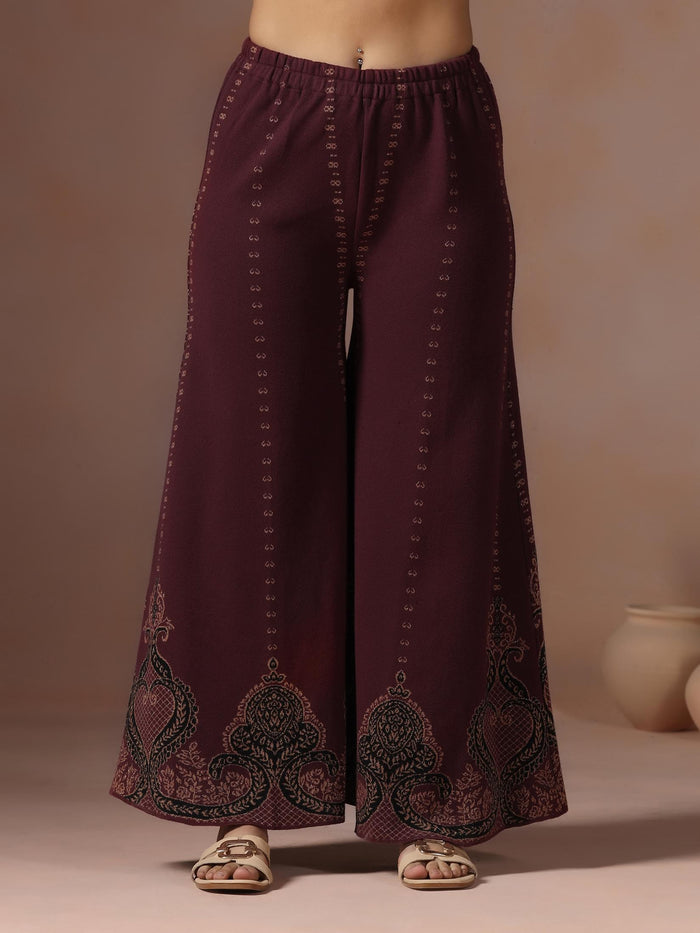 Winter Women Wool Blend Black & Maroon Jacquard Kurta Bell Bottom Dupatta.