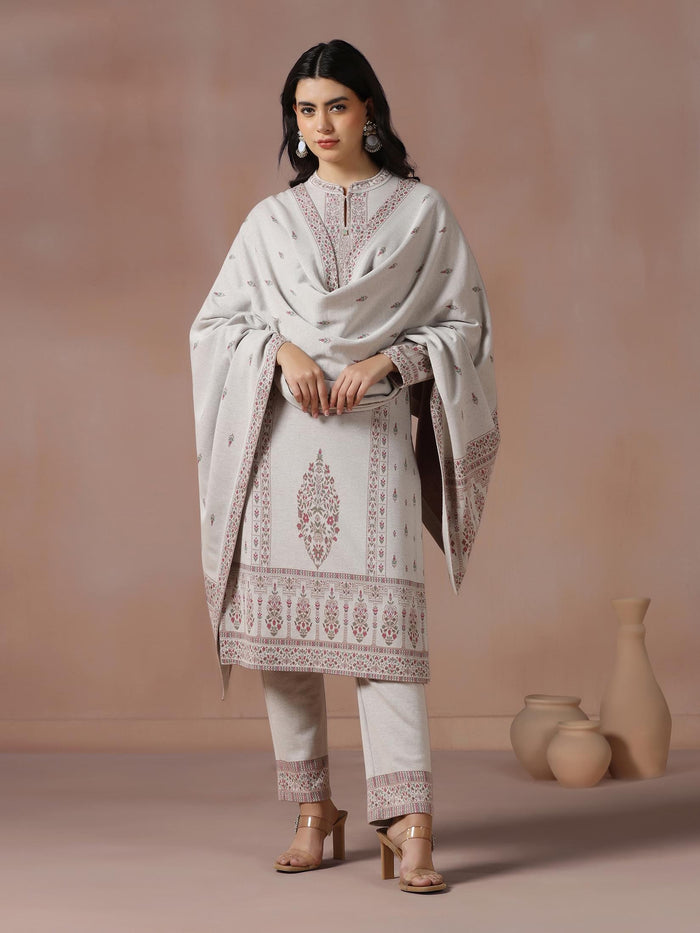 Winter Women Wool Blend Off White Jacquard Kurta Comfort Pant Dupatta.