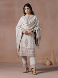 Winter Women Wool Blend Off White Jacquard Kurta Comfort Pant Dupatta.
