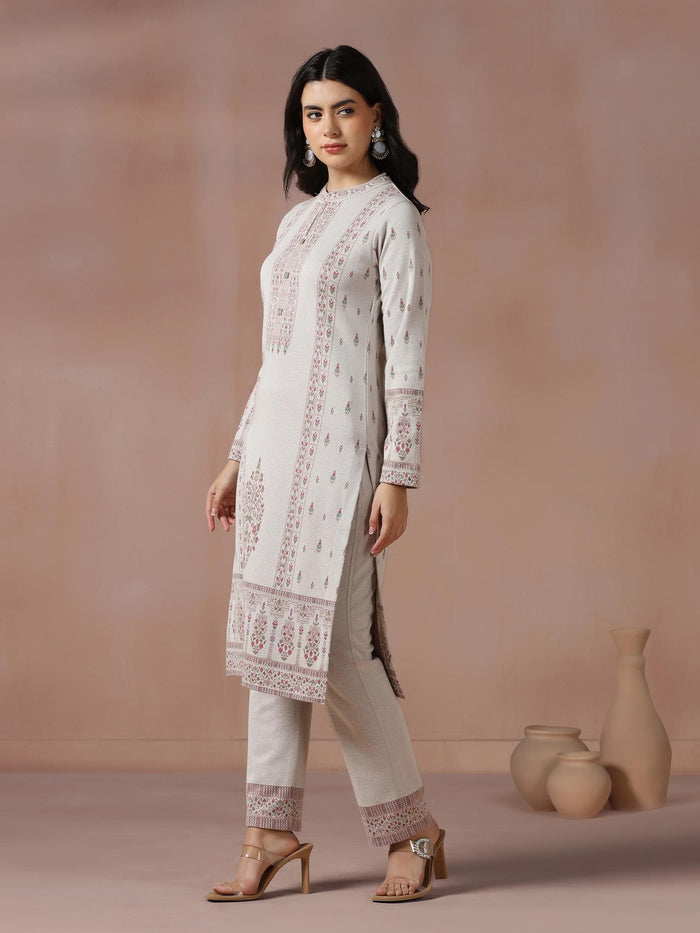 Winter Women Wool Blend Off White Jacquard Kurta Comfort Pant Dupatta.