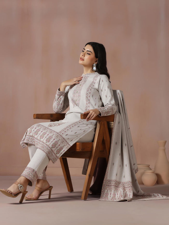 Winter Women Wool Blend Off White Jacquard Kurta Comfort Pant Dupatta.