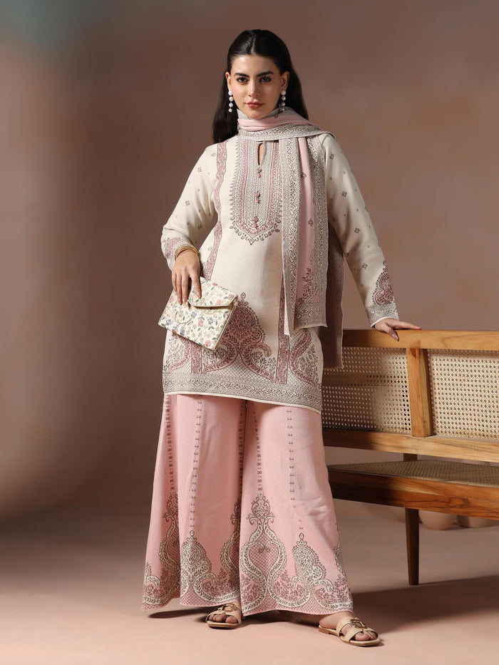 Winter Women Wool Blend Off White & Pink Jacquard Kurta Bell Bottom Dupatta.