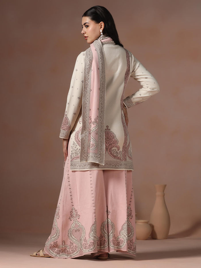 Winter Women Wool Blend Off White & Pink Jacquard Kurta Bell Bottom Dupatta.